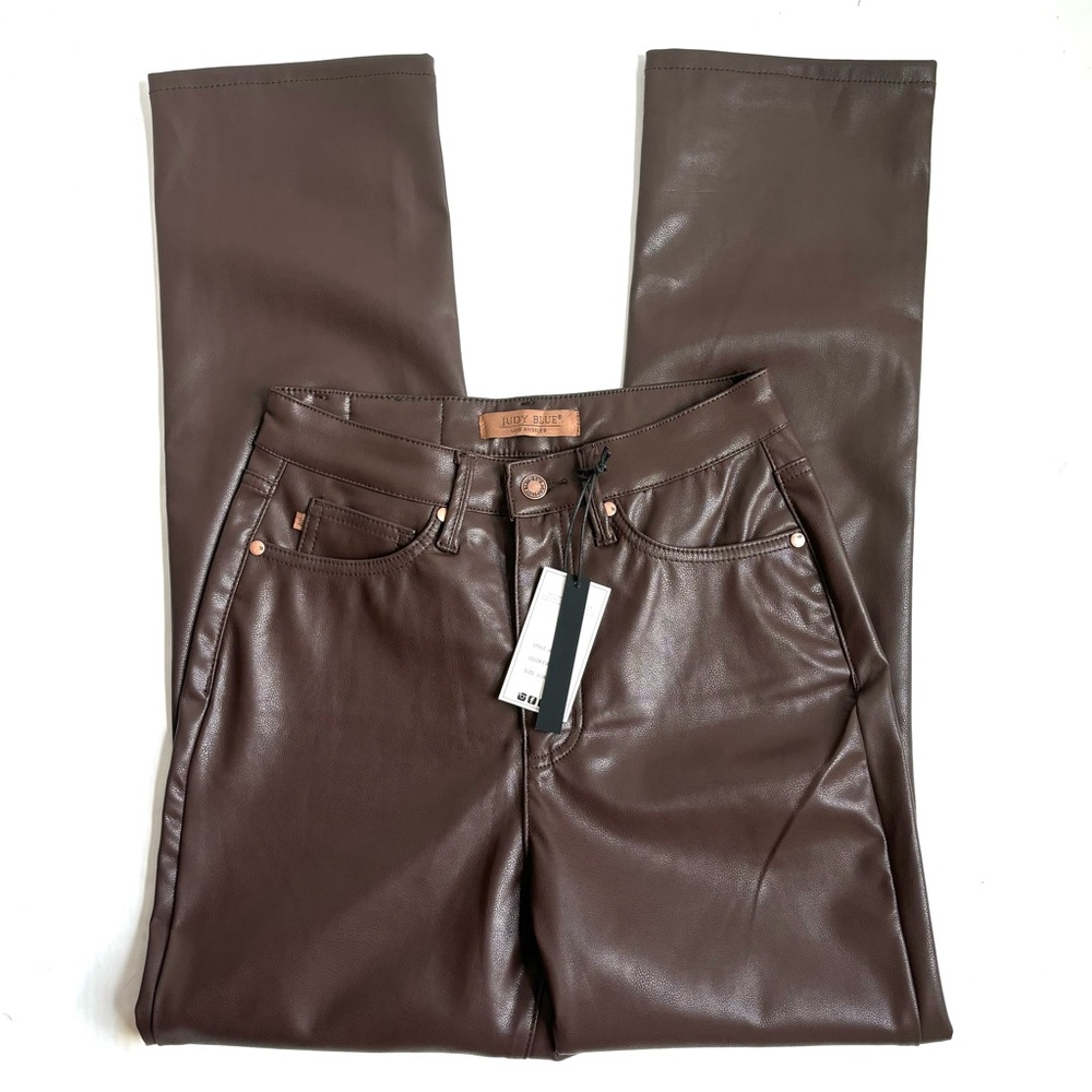 Judy  Blue Tummy Control High Rise Faux Leather Straight Pants Espresso Size 26